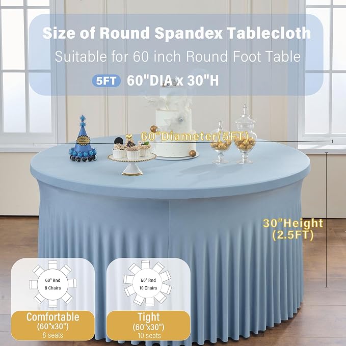 6 Pack Dusty Blue Spandex Round Tablecloths for 60 inch Table, Wrinkle Free Stretchy 120inch Fitted 5FT Round Table Cover Cloths with Skirt for Wedding Party Dining Banquet - Image 6