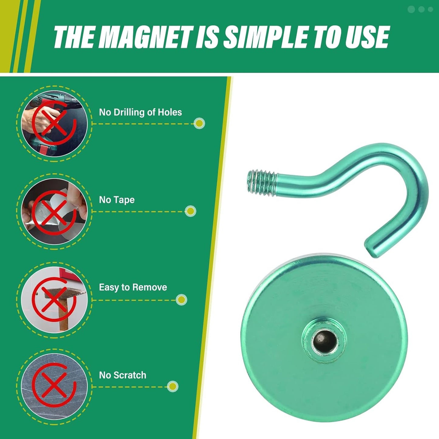 Neosmuk Magnetic Hooks Heavy Duty,Strong Magnet with Hook for Fridge, Super Neodymium Extra Strength Industrial Hooks for Hanging, Magnetic Hanger for Toolbox, Cruise, Grill(Green,10 Pack)