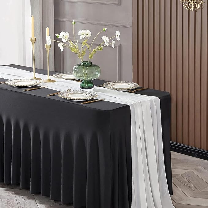 ManMengJi One-Piece Table Cover and Skirts for Rectangle Tables, 6FT Spandex Fitted Tablecloth with Ruffles Skirt for Weddings, Banquets, Parties, Vendors (Black 2Pack) - Image 5