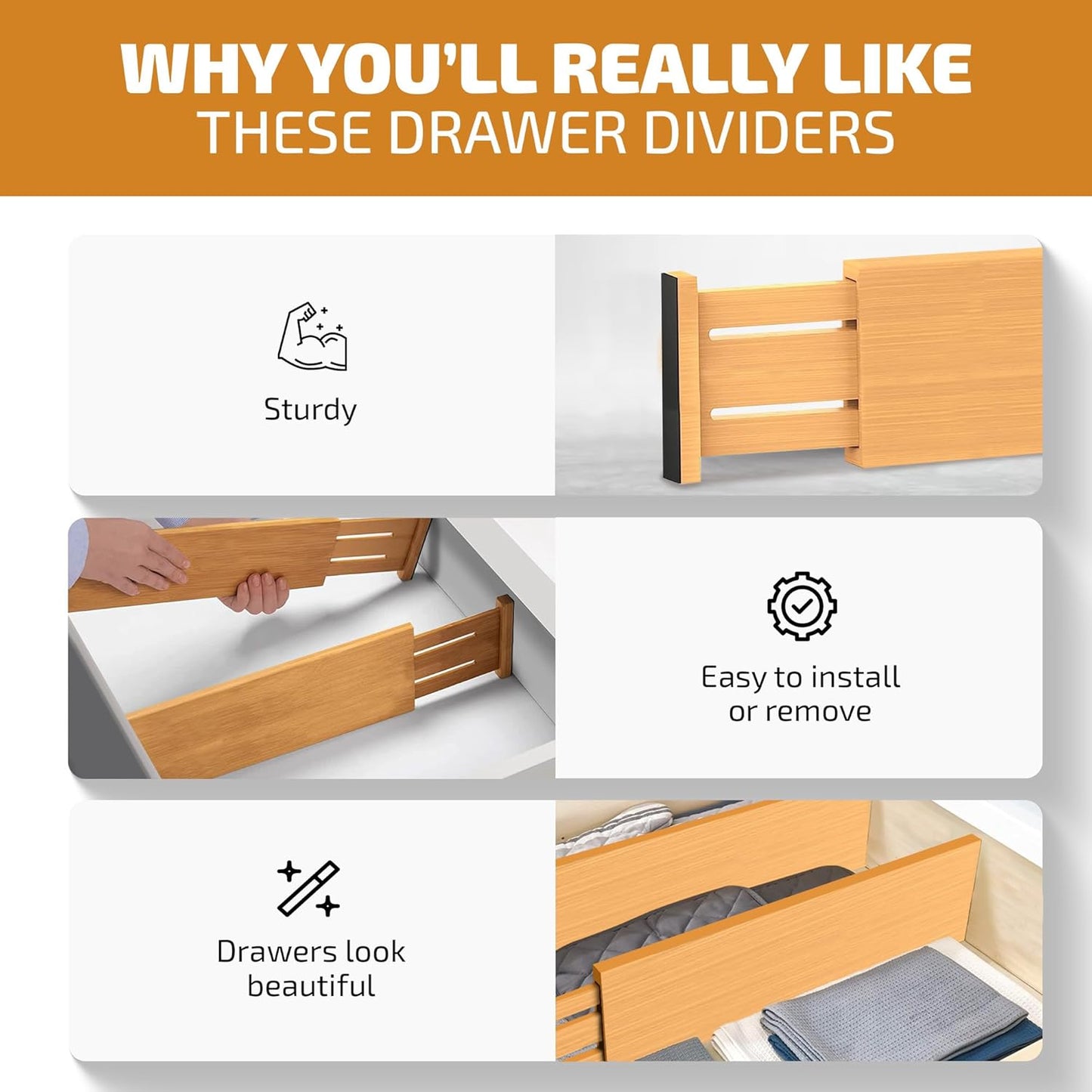 6 Pack Drawer Dividers 4 Inch High, 11”-17" Adjustable Bamboo Organizers Large Expandable Drawer Separators for Cloths, Dresser, Bedroom, Bathroom, Baby Drawer, Office & Kitchen Utensils (Natural)