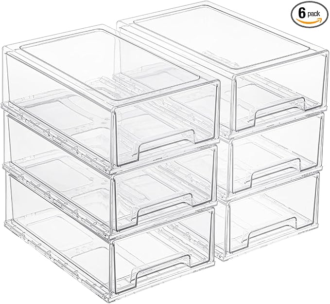 Clear Stackable Storage Drawers 6 Pack L, BPA-Free Plastic Pull Out Organizer with Anti-Slip Pad for Bathroom Pantry Cabinet by PiJeyiee