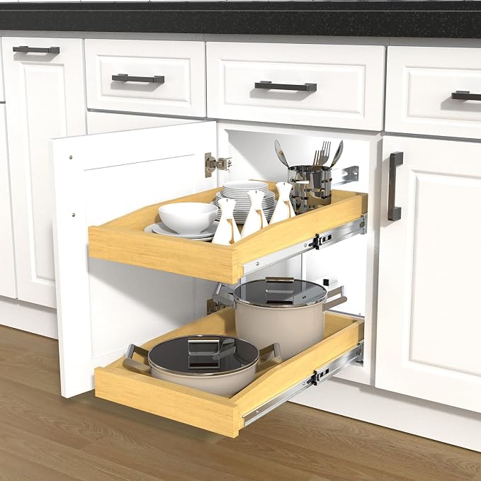 2 Tier Pull Out Cabinet Organizer, 17"W x 21"D Solid Wood Heavy-Duty Base Bottom Assembly Slide out Drawer Shel Cabinet Organization for Kitchen, Pantry, Bathroom - Image 7