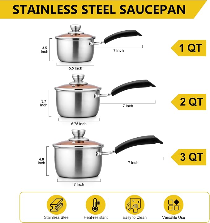 E-far Saucepan Set of 3, 1QT, 2QT & 3QT Stainless Steel Sauce Pan with Lid - Image 2