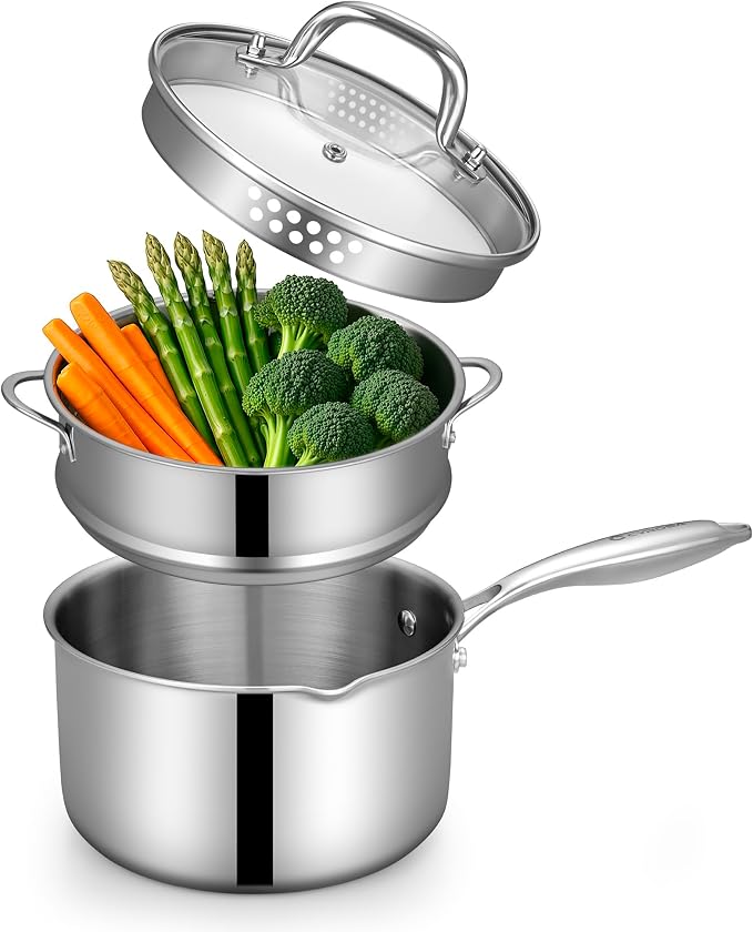 1.0 Quart Stainless Steel Pot Saucepan with Glass Strainer Lid, Sauce Pot with Two Side Spouts, Induction Cooking Pot, Multipurpose Sauce Pan with Lid for Cooking(Tri-Ply Full Body) by Fracoda