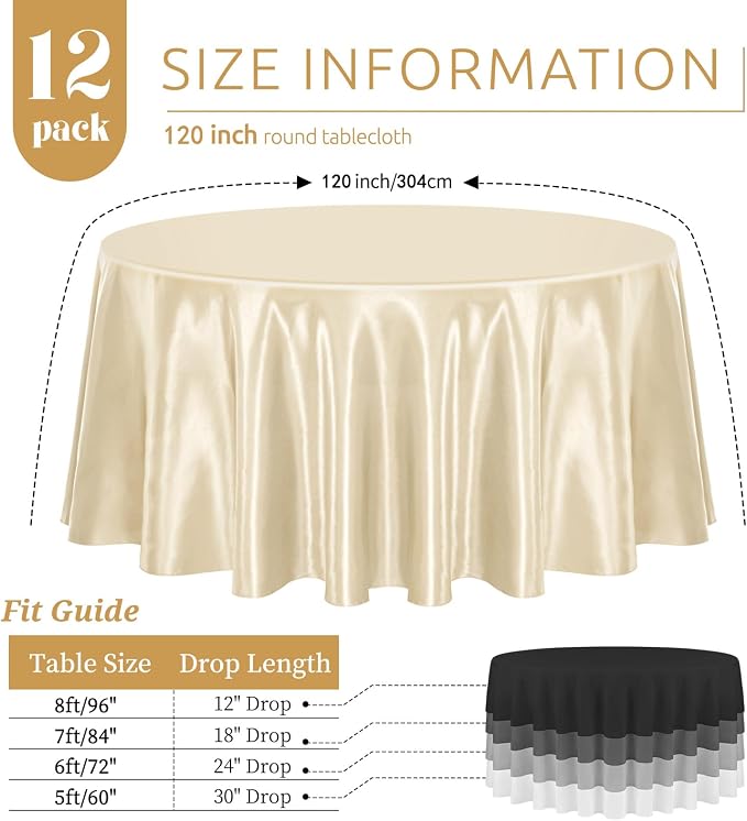 12 Pack 120 Inch Round Satin Tablecloth, Champagne - Image 2