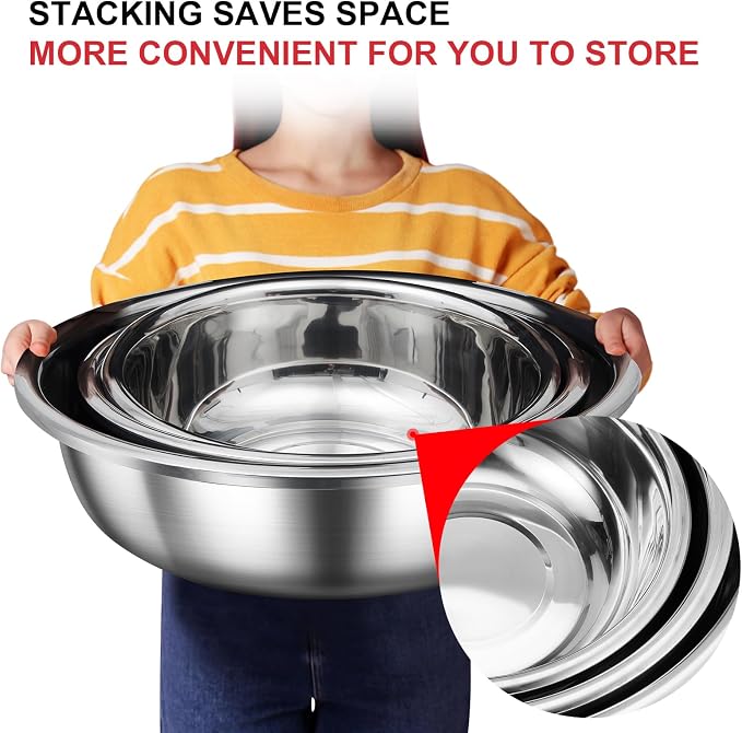 Domensi Set of 3 Extra Large Stainless Steel Mixing Bowls Large Mixing Container Easy to Clean, Nesting Bowls for Space Saving Storage for Cooking, Baking(201 Stainless Steel,13, 16, 20 Quart) - Image 4