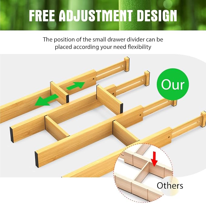 ANTOWIN Bamboo Drawer Dividers Organizers 16pcs, Expandable Drawer Separators Splitter, 17-22 inches Long Adjustable Spring-loaded Organizer for Large Utensil, Clothes, Tools Drawers (8+8) - Image 9