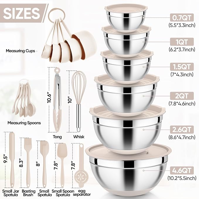 E-far 25PCS Mixing Bowls with Lid Set, Stainless Steel Nesting Prep Bowls with Grater Attachments Non-Slip Bottoms for Cooking, Serving, Food Storage, 4.6/2.6/2/1.5/1/0.7QT - Khaki - Image 2