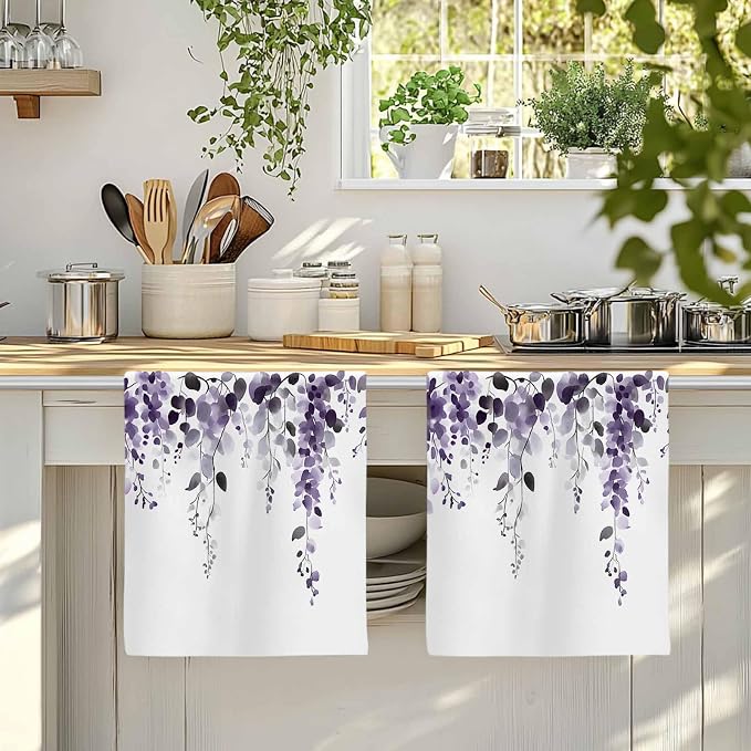 Purple Eucalyptus Kitchen Towels Set of 4, Absorbent Dish Towels for Kitchen, Spring Summer Botanical Plants Chic Microfiber Hand Towel, Quick Drying Tea Towel for Cleaning Decorative Dishcloths - Image 4