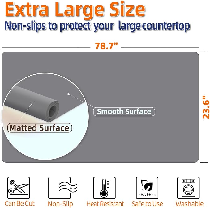 Warome Silicone Mat,78.7”x 23.6” Heat Resistant Mats for Countertop,Extra Large Countertop Protector Mat, Multi-functional Cuttable Kitchen Counter Mat, Silicone Mats for Kitchen Counter/Crafts- Grey - Image 3