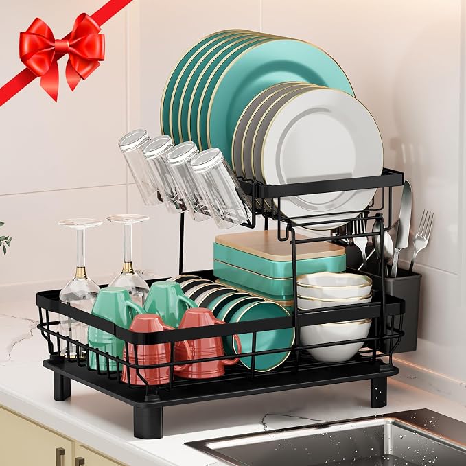 MOUKABAL 2 Tier Dish Drying Rack with Drainboard for Kitchen Counter, Black - Image 3
