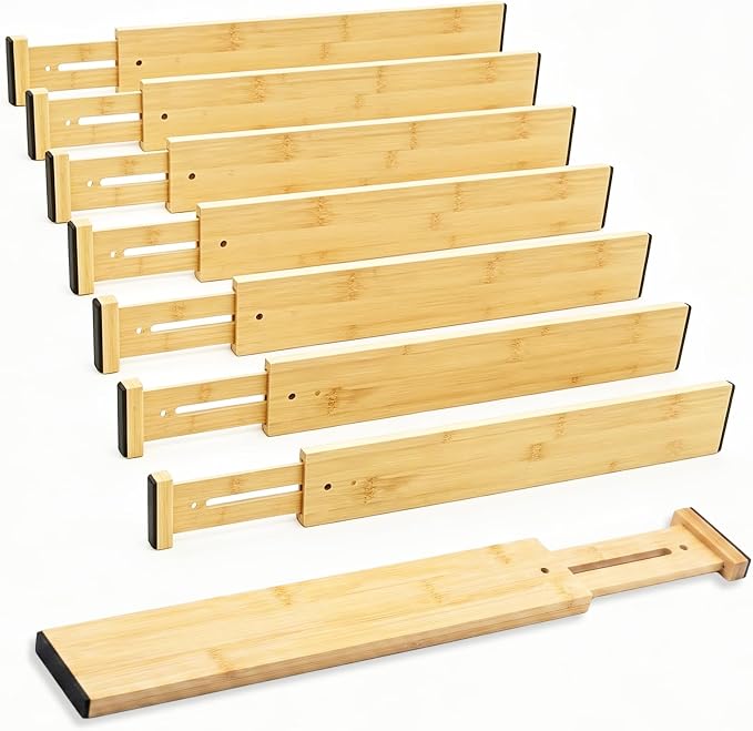 Joyeee Kitchen Drawer Dividers 8 Pack, 16.9-22" Adjustable Bamboo Drawer Organizer, 2.28" High Expandable Utensils Separators for Closet, Dresser, Bathroom, Bedroom by Joyeee