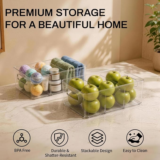 Mpotmiy 6-Pack Pantry Organizers and Storage, Clear Fridge Organizer Bins | Clear stackable plastic bins with removable dividers for packets, snacks, pouches and spices in pantry, fridge or freezer. - Image 2