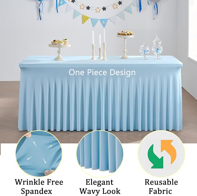 3 Packs Baby Blue Spandex Tablecloths for 8 Foot Rectangle Tables, Stretchy Fitted 8FT Blue Table Skirt for Wedding Party, Wrinkle Free Tablecloths for Banquet Wedding Birthday Party - Image 4