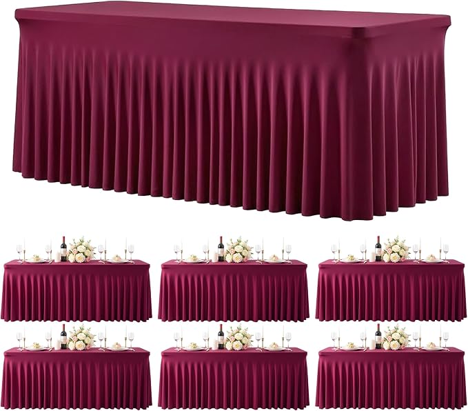Besutolife 6 Pack Burgundy Table Cloths for 8 Foot Rectangle Tables, Wrinkle Free Fitted Spandex Table Covers 8ft, Stretch Tablecloth with Skirt for Wedding Birthday Banquet Parties by Besutolife
