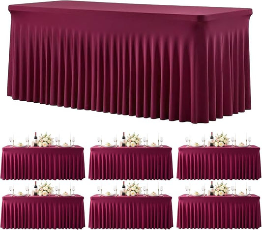 Besutolife 6 Pack Burgundy Table Cloths for 8 Foot Rectangle Tables, Wrinkle Free Fitted Spandex Table Covers 8ft, Stretch Tablecloth with Skirt for Wedding Birthday Banquet Parties by Besutolife