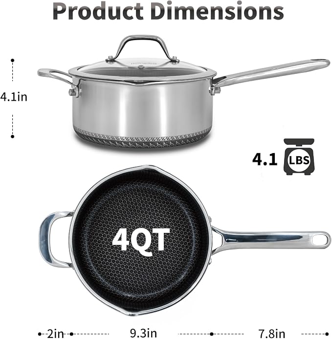 Hybrid Nonstick 4 QT Saucepan with Lid, Stainless Steel Stockpot with Honeycomb Texture,Compatible with All Cooktops,Dishwasher and Oven Safe - Image 2