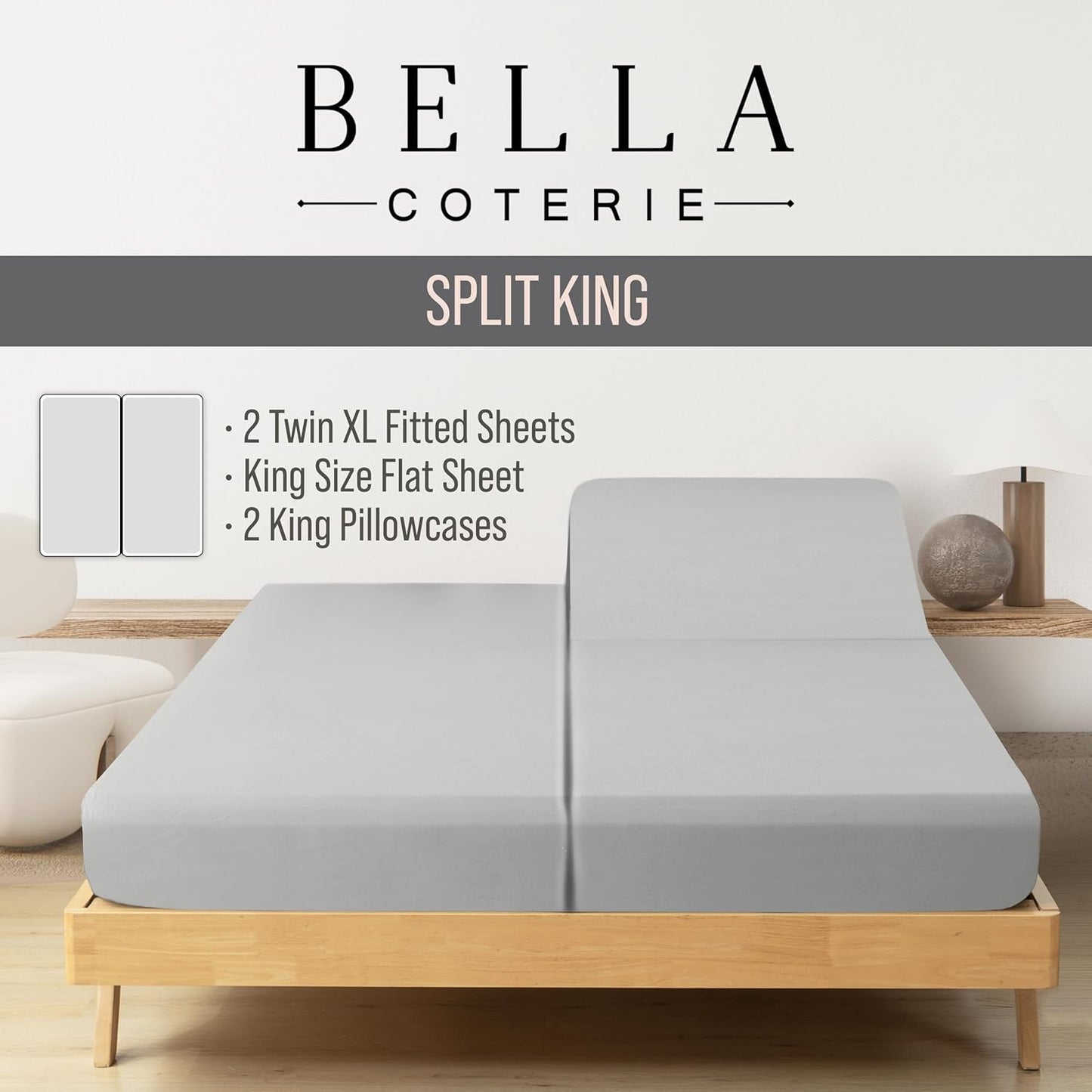 Bella Coterie Luxury Bamboo Viscose Split King Size Sheet Set | 100% Organically Grown | Ultra Soft | Cooling for Hot Sleepers | 18" Deep Pocket [Grey Mist]