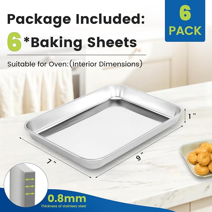 BIEAMA 6 Pack Stainless Steel Toaster Oven Baking Sheets, 9 x 7 in | Stainless steel pans with no chemical coating, mirror-polished finish and rolled edges; dishwasher safe, oven safe to 500°F. - Image 2