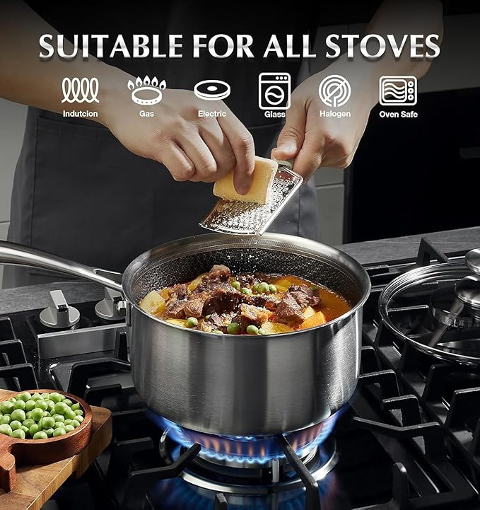 KOCH SYSTEME CS Hybrid Nonstick Stainless Steel Saucepan Set with Steamer Insert, 7PCS Triply Stainless Steel Pot Set 1Qt, 2Qt & 3Qt, 18/10 Steel Sauce Pan Set with Lids, Induction & Oven Safe - Image 5