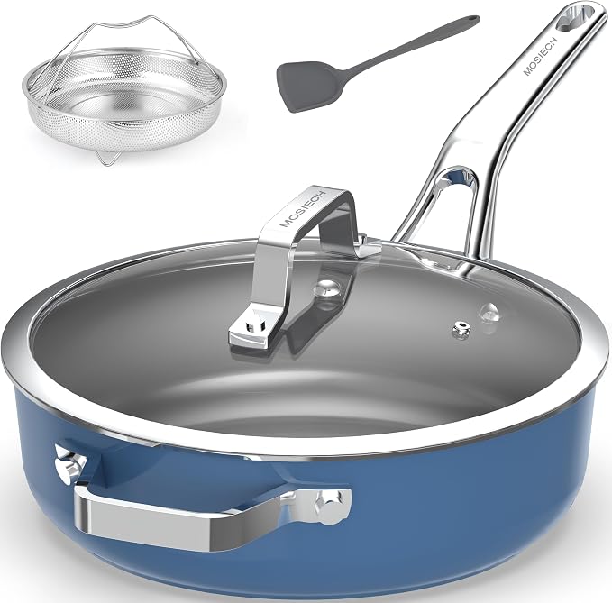 10-in-1 Blue Ceramic Nonstick Deep Saute Pan Set With Steamer & Lid, 4QT by MOSIECH
