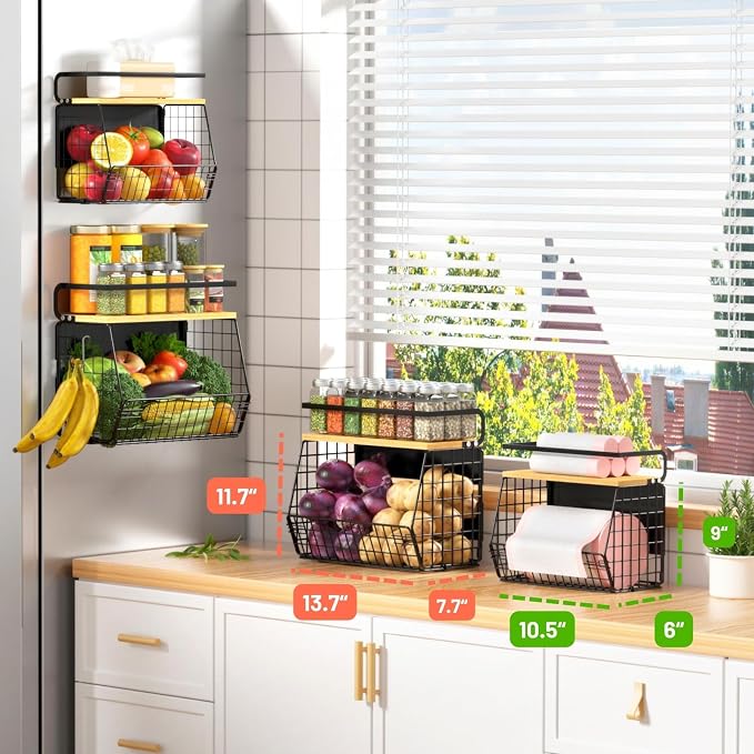 Ofiray-home Magnetic Shelf for Fridge with Wood Lid, Fruit Potato and Onion Storage Bins, Pantry Organizers & Storage, Large Container Magnetic Spice Rack for Refrigerator, Kitchen Counter (Black, 1) - Image 7