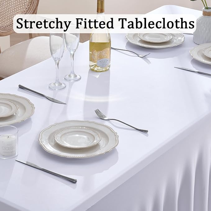 White Spandex Table Clothes for 8 Foot Rectangle Tables, Wrinkle Free Fitted Tablecloths Desk Skirt Stretchy Table Cloth Cover 8ft for Parties Weddings Birthday Banquet Baby Shower - Image 2