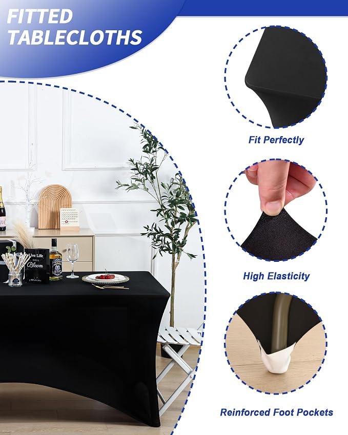 Fixwal 18 Pack 6FT Black Tablecloth Rectangle Spandex Fitted Table Cover - Image 4