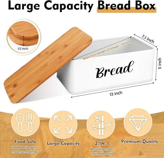 Hushee Metal Bread Box Butter Dish with Bamboo Cutting Board, White | Butter Tray with Spreader Knife, Bread Box Bamboo Board Top, Storage Organizer for Kitchen Countertop Decor Keeps Fresh - Image 2