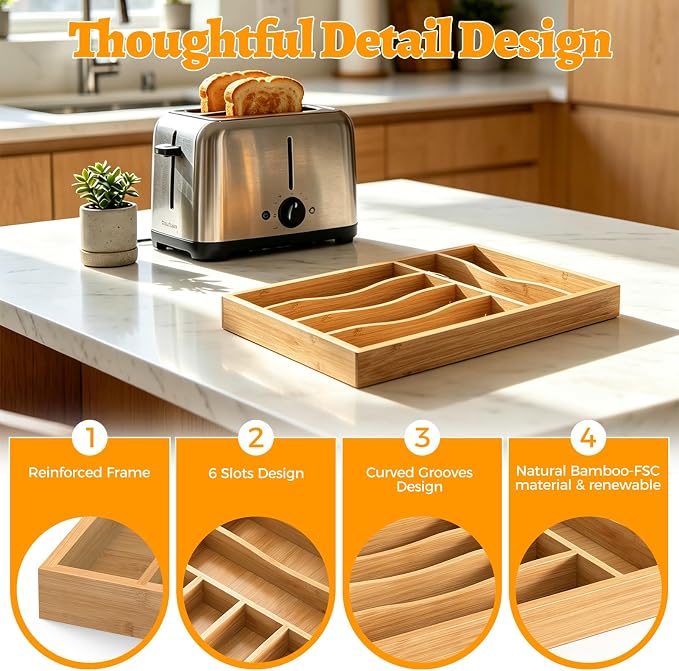 Bamboo Silverware Drawer Organizer, 6 Slots Kitchen Drawer Tray | Bamboo Kitchen Drawer Cutlery Organizer, Utensil Holder, Flatware Organizer Tray (9.5"x15.7"x1.7"), Natural - Image 5