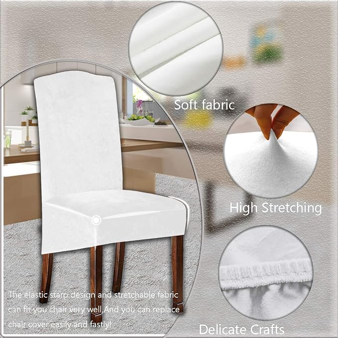 Velvet Plush XL Dining Chair Covers, Stretch Chair Slipcover, Spandex High Chairs Protector Covers Seat Slipcover with Elastic Band for Dining Room,Wedding, Ceremony (White, Set of 6) - Image 2