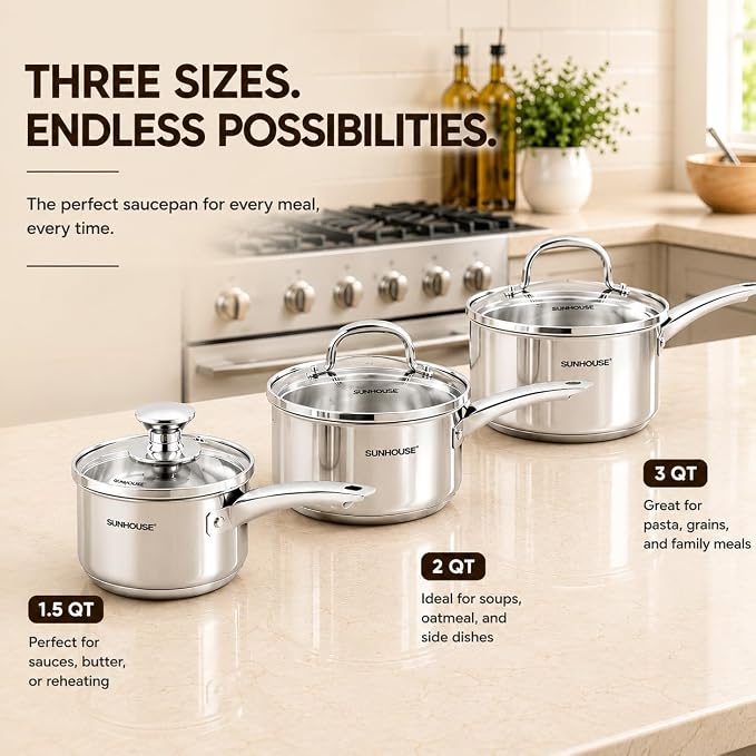SUNHOUSE 3-Piece Stainless Steel Saucepan Set with Lids 1.5QT & 2QT & 3QT - Image 2