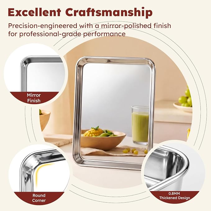 % Baking Sheet Set of 3: Stainless Steel Cookie Sheets for Baking | ././  Baking Pans Set - Dishwasher Safe, Rust Resistant - Mirror Finish, Non Toxic & BPA Free - Image 3