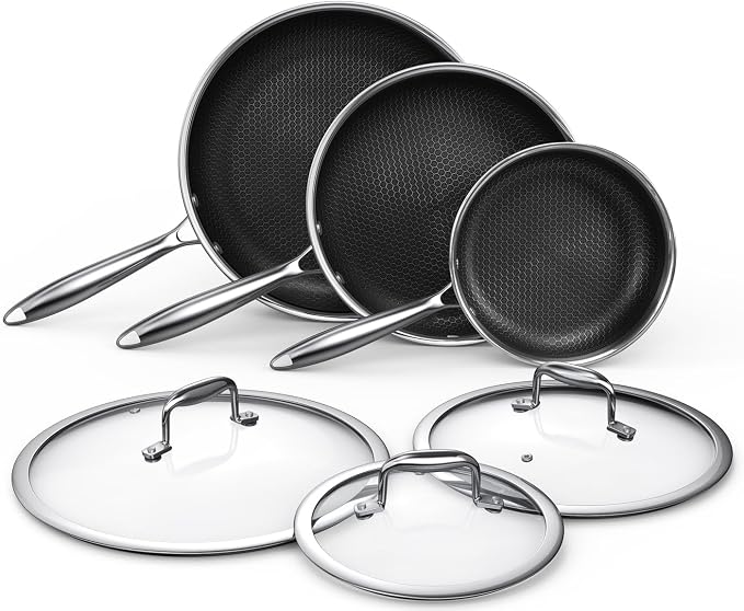 MOMOSTAR Hybrid Nonstick 6-Piece Frying Pan Set, 8, 10 and 12-Inch with Tempered Glass Lids, Dishwasher & Oven Safe, Induction Ready, Compatible with All Cooktops by MakeYourLifeEasier