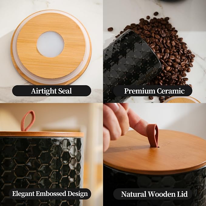 JOJUNO Black Embossed Ceramic Canister 3 Piece with Airtight Bamboo Lid - Image 3
