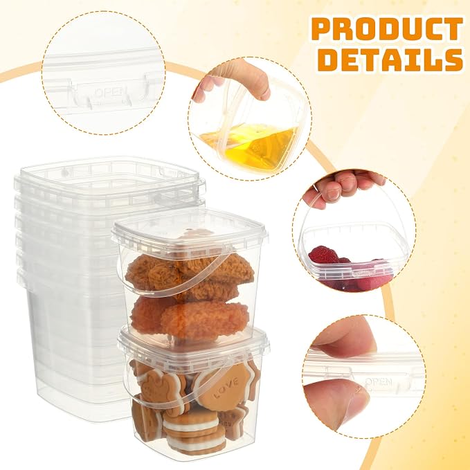 Domensi 24 Pcs 16.9 oz Square Deli Containers with Lids and Handle Clear Plastic Food Containers Reusable Space Saver Restaurant Stackable Buckets for Meal Food Prep Kitchen Party Supplies - Image 4