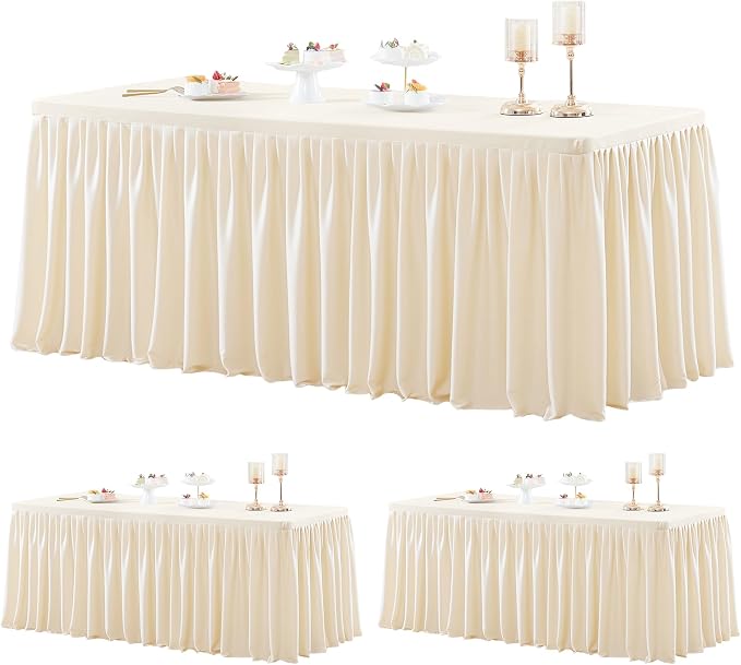 3 Pack Light Champagne Polyester Table Clothes for 6 Foot Rectangle Tables, Wrinkle Free Fitted Table Cover with Pleated Ruffle Table Skirt for Party Baby Shower Wedding Birthday Event Display by WishCare