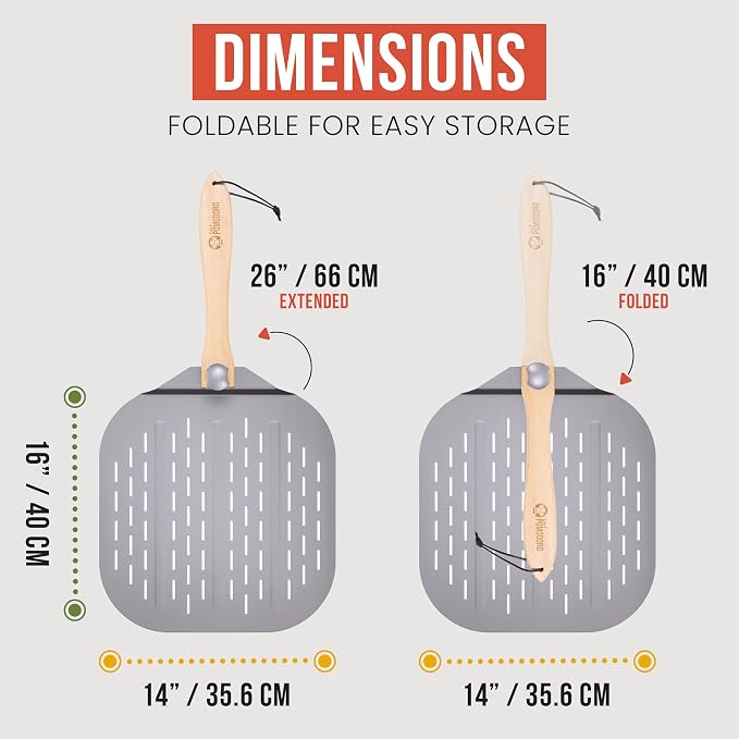 Chef Pomodoro Aluminum Perforated Pizza Peel 16 Inch with Foldable Handle | Perforated Pizza Peel 16 inch, Pizza Steel Perforated Design Prevents Sticking, Foldable Stainless Steel Pizza Peel Handle - Image 2