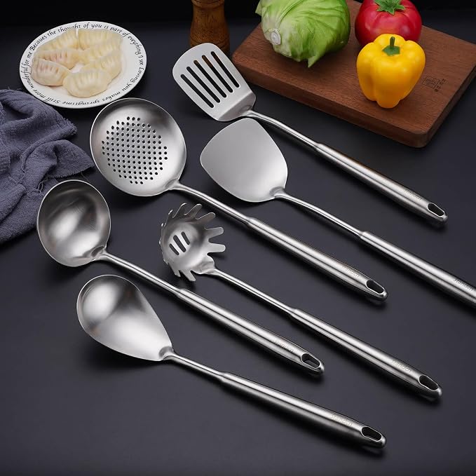 6 PCS All Metal Cooking Utensils Set - 18/10 Stainless Steel Kitchen Tools | Professional Cooking Spoons Set, 15" Spatula, Ladle, Skimmer Spoon, Pasta Serve, Large Spoon, Slotted Spatula Turner - Image 6