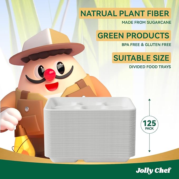 Compostable 5 Compartment 10*8.25*1 Inch 125 Pack Heavy Duty Paper Plates | Small Divided Disposable Plates White Eco-Friendly Biodegradable Food Tray for School Lunch Dinner Christmas - Image 6