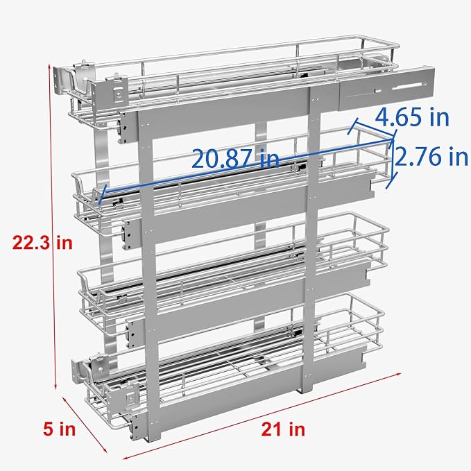 Sikarou 4-Tier 5" W x 21" D Narrow Pull Out Cabinet Organizer, Roll out Spice Rack Holder Shelve, Slide Out Slim Storage Wire Baskets for Storage Organization - Image 2