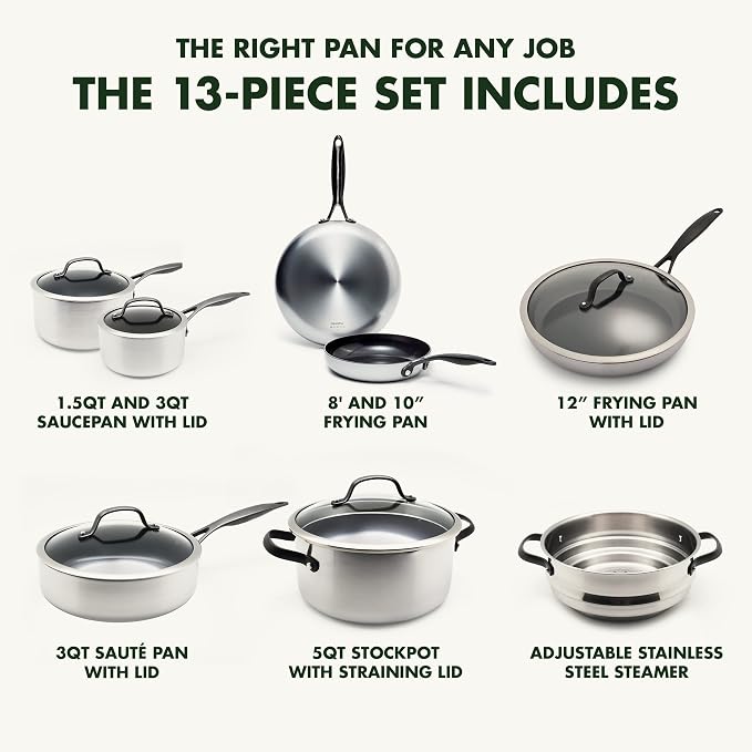 GreenPan Venice Pro Noir Tri-Ply Stainless Steel Healthy Ceramic Nonstick 13 Piece Cookware Pots and Pans Set, Matte Black Handle, PFAS-Free, Multi Clad, Induction, Dishwasher Safe, Oven Safe, Silver - Image 2