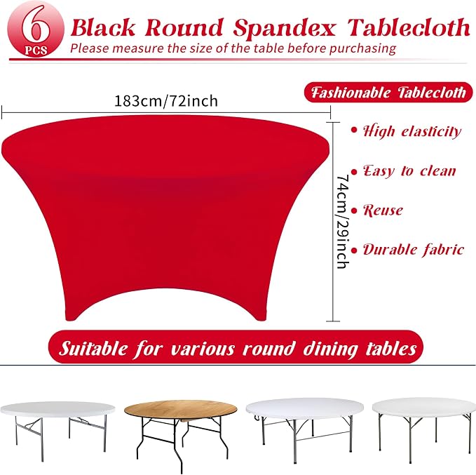 HAISIWLKJ 6Pcs 6FT Red Round Spandex Tablecloth 72 inch Stretchable Table Cover Tight Fit Stretch Tablecover Wrinkle Resistant Washable Table Cloth for Weddings Birthday Banquets Parties Festival - Image 2