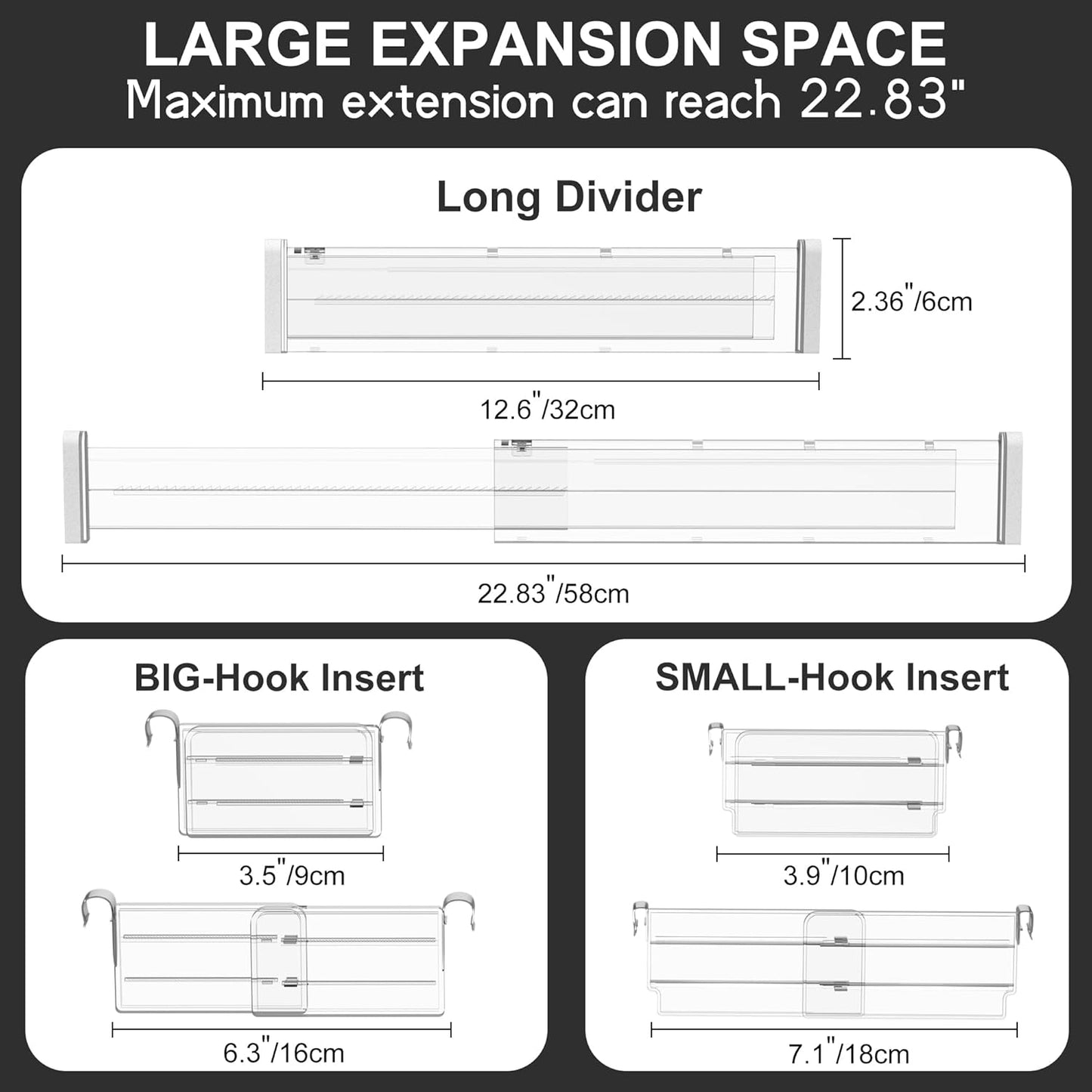 HiYZ Expandable Drawer Dividers with Inserts - 2.36'' High Adjustable Drawer Organizers Separators for Kitchen, Bedroom, Dresser, Office, 8 Long Dividers(12.6-22.8'') with 16 Inserts(3.9-7.1'')-Clear