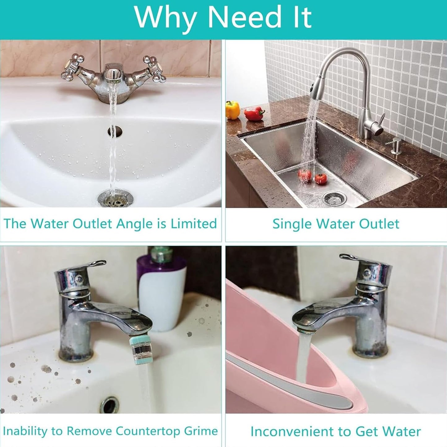 1080° Swivel Faucet-Extender Sink, Splash Faucet Sprayer Aerator, Wash Hand/Hair/Face, Bathroom & Kitchen Sink with 2 Water Outlet Modes,Silver,2Pcs