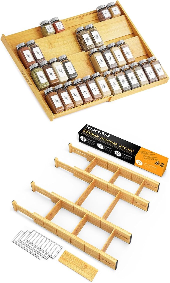 SpaceAid Bamboo Spice Drawer Organizer and Bamboo Drawer Dividers with Inserts and Labels, Kitchen Adjustable Drawer Organizers by SpaceAid