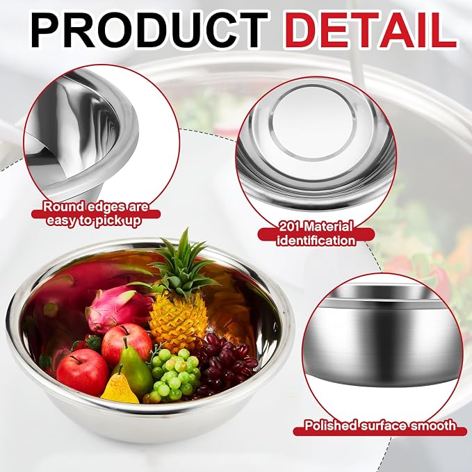 Domensi Set of 3 Extra Large Stainless Steel Mixing Bowls Large Mixing Container Easy to Clean, Nesting Bowls for Space Saving Storage for Cooking, Baking(201 Stainless Steel,13, 16, 20 Quart) - Image 3