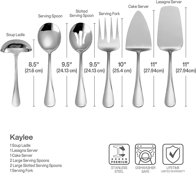 Mikasa Gourmet Basics Kaylee 8-Piece Serving Set, 18/0 Stainless Steel, Ladle, Lasagna Server, Cake Server, Tablespoons, Cold Meat Fork, Dishwasher Safe - Image 3