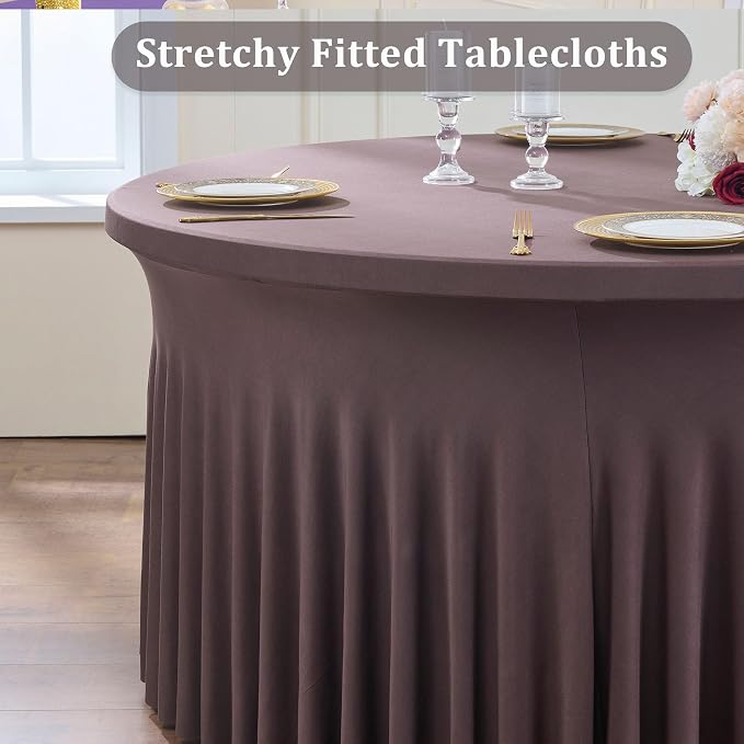 6 Pack Brown Spandex Round Tablecloths for 72 inch Table, Wrinkle Free Stretchy 132inch Fitted 6ft Round Table Cover Cloths with Skirt for Wedding Party Dining Banquet - Image 2
