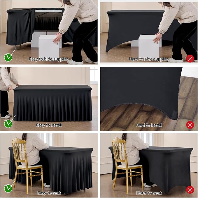 Spandex Tablecloth 8FT Rectangle Table Cover 6 Pack Black Wrinkle-Free - Image 4
